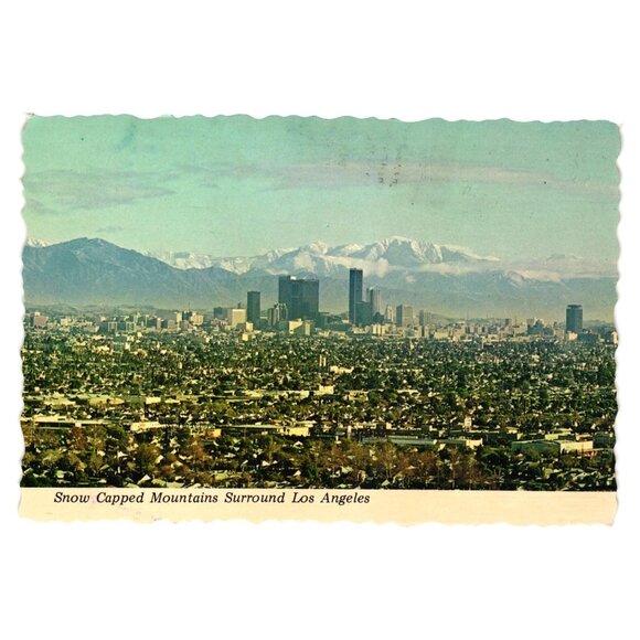 Vintage Postcard Los Angeles Skyline With Snow Capped Gabriel Mountains 1970s - Picture 1 of 2